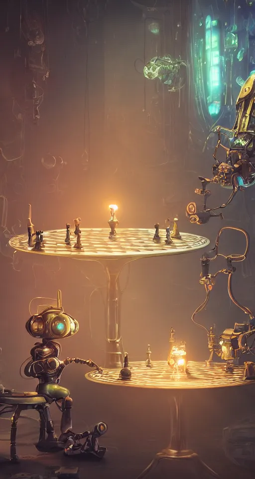 Prompt: a beautiful tapestry, a small robot playing a futuristic holographic chess game, ultra detailed, dystopian lighting, steampunk, moody, candles, characters from machinarium, by don bluth, trending on artstation, octane render, 8 k, ultra realistic