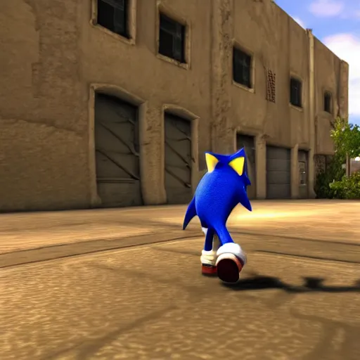 Image similar to still of sonic the hedgehog in the map de_dust 2, counter-strike screenshot, 4k, photorealistic, hd, first person pov