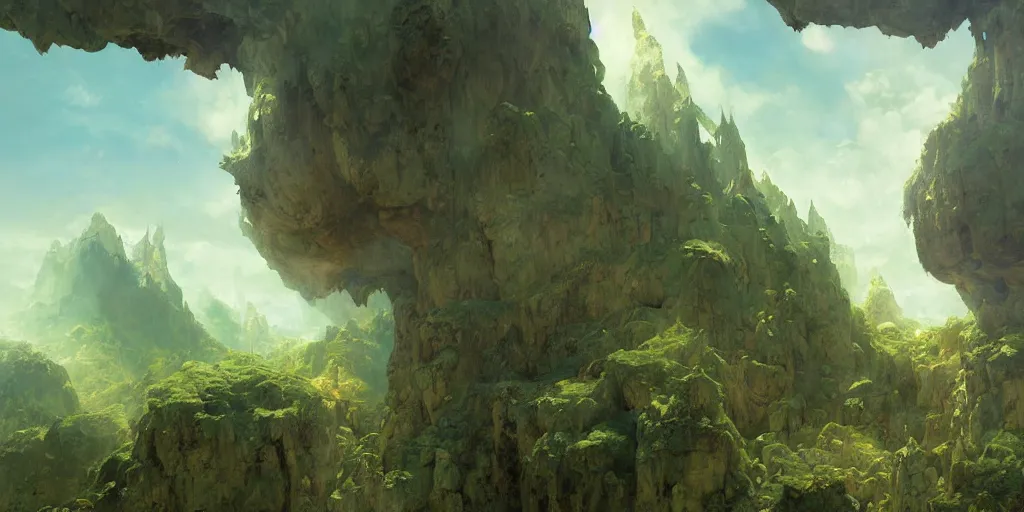 Image similar to bytopia planescape huge cave ceiling clouds made of green earth towns, villages castles, buildings inverted upsidedown mountain artstation high fantasy illustration sharp focus sunlit vista painted by ruan jia raymond swanland lawrence alma tadema zdzislaw beksinski norman rockwell tom lovell alex malveda greg staples