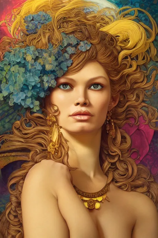 Image similar to portrait of goddess brigitte bardot by artgerm, mandala, rococo, vivid color, complementary color, golden ratio, detailed, sharp lines, sharp focus, intricate, rainbowshift, by maxfield parrish, by peter mohrbacher, by gustave dore, by alphonse mucha, deviantart, octane render