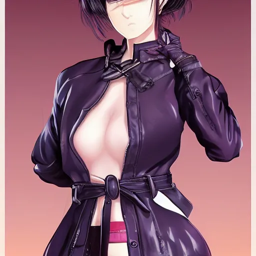 Image similar to portrait of a beautiful! alluring anime woman wearing a 2 0 3 0's stained dirty torn japanese school uniform, gorgeous face, leather bomber jacket, katana scabbard, realistic, hyper detailed, dynamic action poses, concept art, jojo's bizarre adventure, in style of hirohito araki, chiaroscuro, anime aesthetic