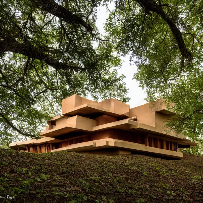 Image similar to a human face as a house by frank lloyd wright, eerie, lush trees, award winning photo, 8 k,