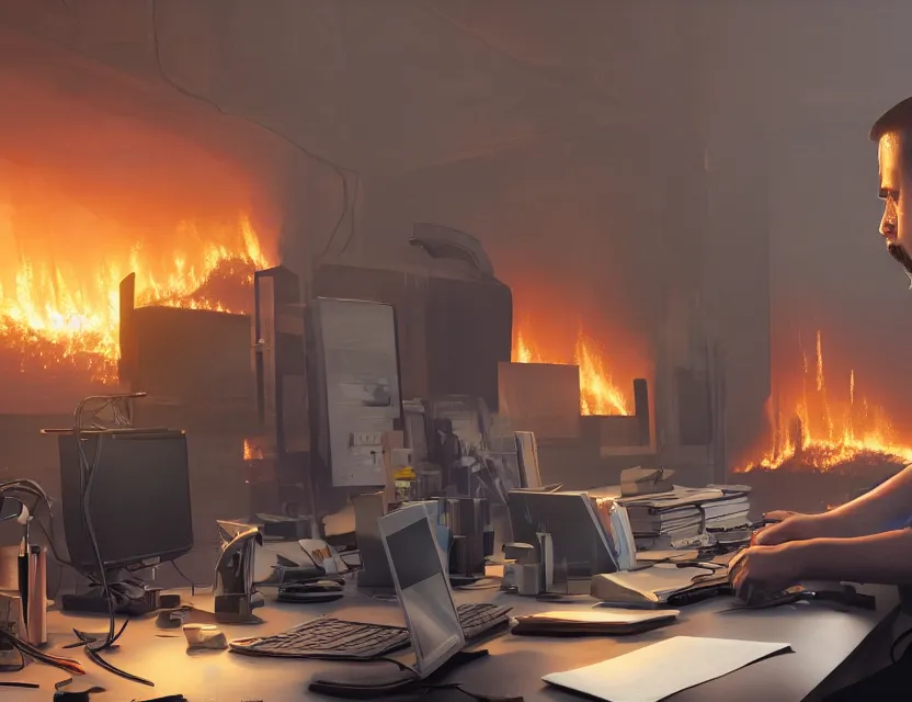 Image similar to a man sit at a workstation in a big office and looks at the burning fires, close up, featured in artstation, intricate, ultra detailed, unreal engine, concept art, wide - angle lens, sharp focus, illustration, 8 k