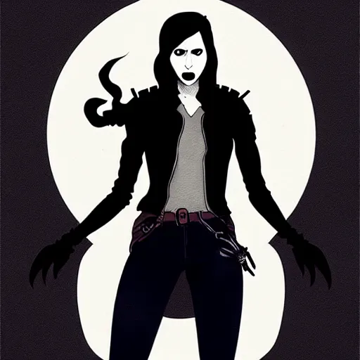 Image similar to rafael albuquerque comic art, peter mohrbacher, steve niles, artgerm, pretty taissa farmiga witch, symmetrical eyes, black leather jacket, jeans, long blonde hair