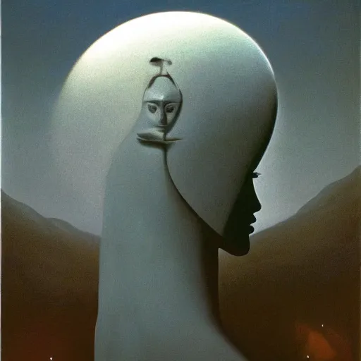 Prompt: Artemixel, the modern reincarnation of the old selenium god of hunt and moon, also known as Artemis or Selene, carrying the crown of the crescent moon. They are crowned by a bright and slightly bluish crescent like the brightness of the night. Portrait by Zdzislaw Beksinski, oil on canvas. Masterpiece.