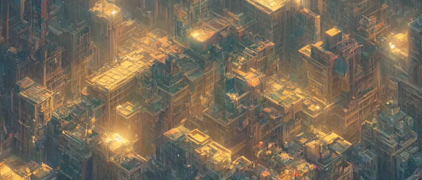 Image similar to isometric kowloon, unreal engine, fantasy art by greg, loish, rhads, ferdinand knab, makoto shinkai, lois van baarle, ilya kuvshinov, rossdraws, tom bagshaw, global illumination, radiant light, highly detailed intricate environment, isometric, onstudio ghibli, octane render, 8 k