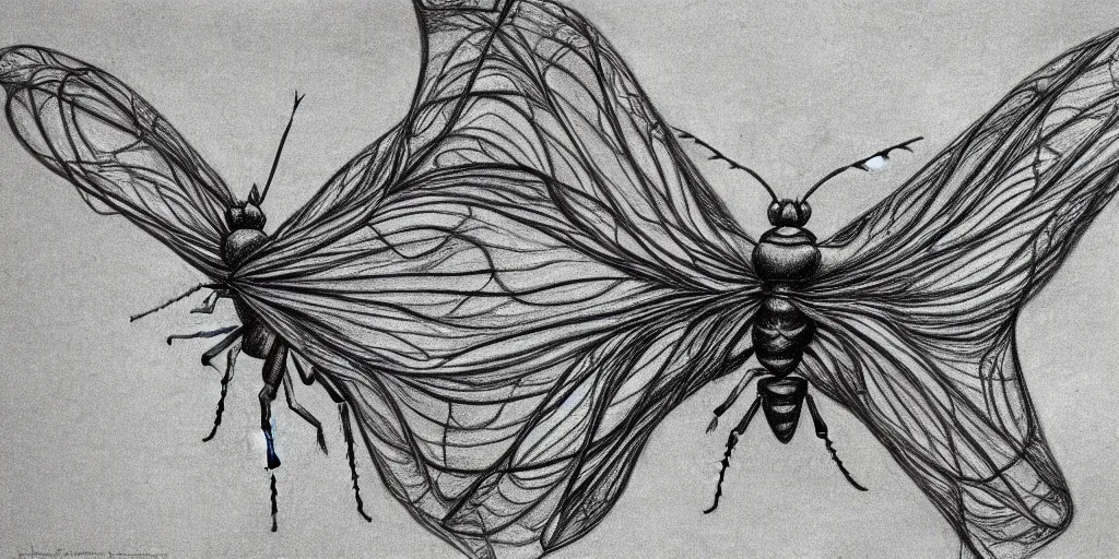 Image similar to pencil drawing of an insect, abstract, surrealism, hyper detail, line art