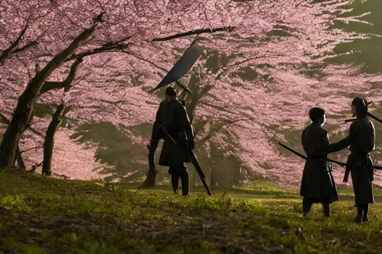 Image similar to vfx movie scene closeup japanese warrior couple, stand off, holding swords, in cherry blossom forest, natural lighting by emmanuel lubezki