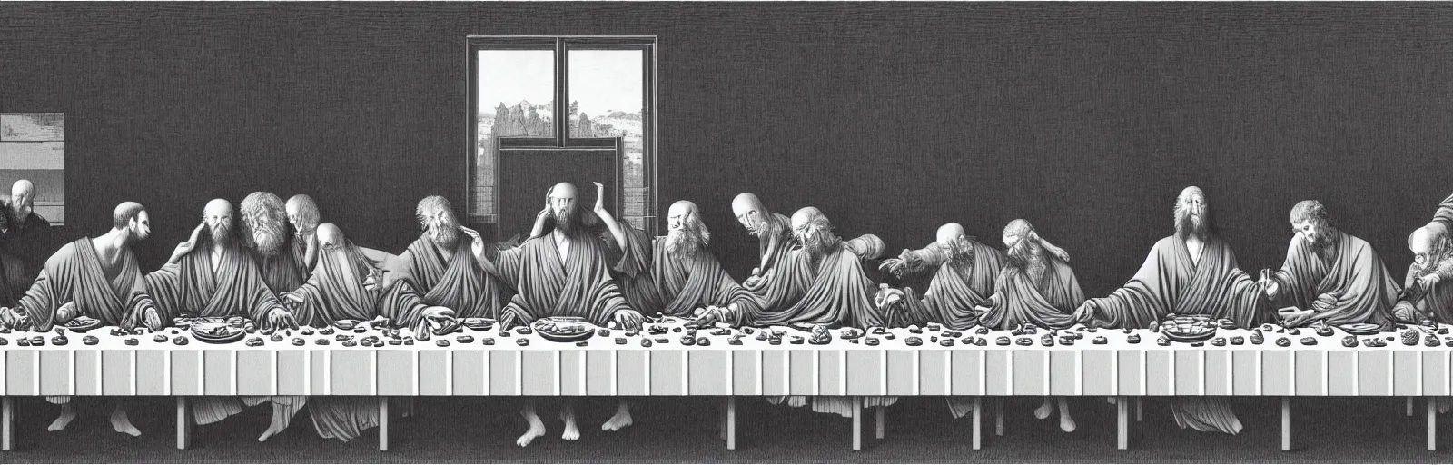 Image similar to colorful!!! the last supper by rene magritte, hokusai, darth vader by laurie greasley and bouguereau, ( ( etching by gustave dore ) ), ultraclear intricate, sharp focus, highly detailed digital painting illustration, concept art, masterpiece