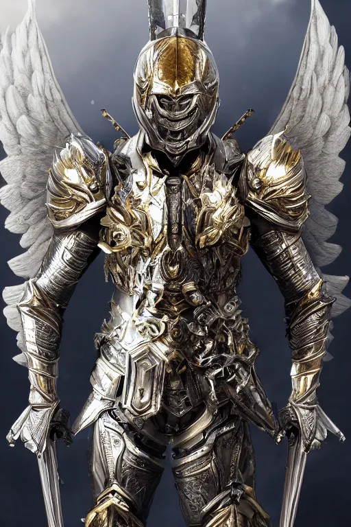 Image similar to a photo of 8k ultra realistic archangel, full body, diablo, intricate white and gold armor, sword, ornate, cinematic lighting, hyperrealistic, focused, high details, unreal engine 5, cinematic, Trending on artstation, artstationHD, artstationHQ, 4k, 8k