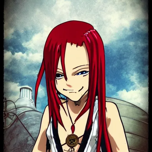 Image similar to sky-pirate with long red hair in front of a steampunk airship, full metal alchemist, anime style