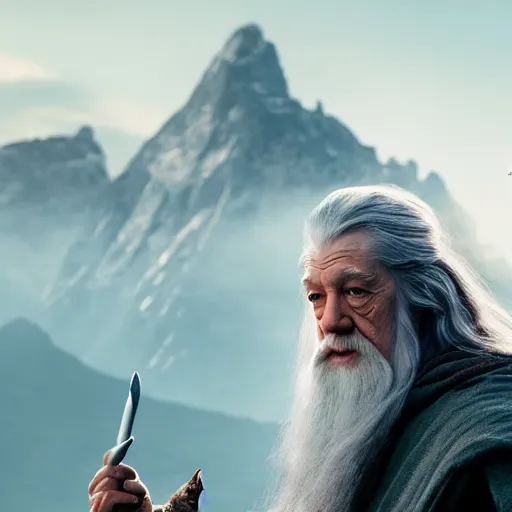 Image similar to Gandalf the Grey confidently taking a Selfie on the mountain, a balrog in the background looming,