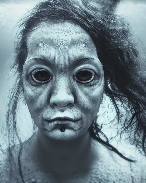 Image similar to detailed eyes, face of an underwater human descendant fishwoman, darkness, macro lens, very deep sea, mariana trench, dark, hd, dagon, fishpeople