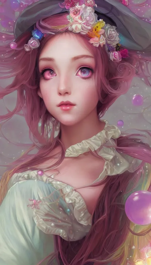 Image similar to portrait of magical lolita girl, dreamy and ethereal, expressive pose, big pink eyes, exciting expression, fantasy, intricate, elegant, many rainbow bubbles, rose tones, highly detailed, digital painting, artstation, concept art,cyberpunk wearing, smooth, sharp focus, illustration, art by artgerm and greg rutkowskiand alphonse mucha