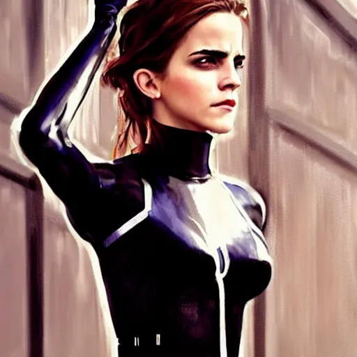 Image similar to close up of emma watson wearing a gimp outfit, cinematographic shot, by daniel f. gerhartz