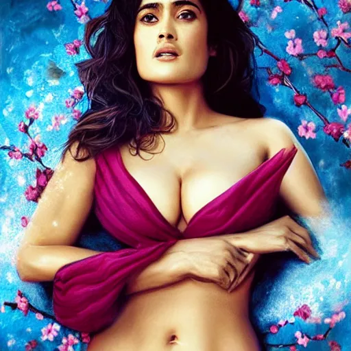 Prompt: photo of salma hayek in the style of stefan kostic, realistic, body shot, sharp focus, 8 k high definition, insanely detailed, intricate, elegant, art by stanley lau and artgerm, cherry blossoms