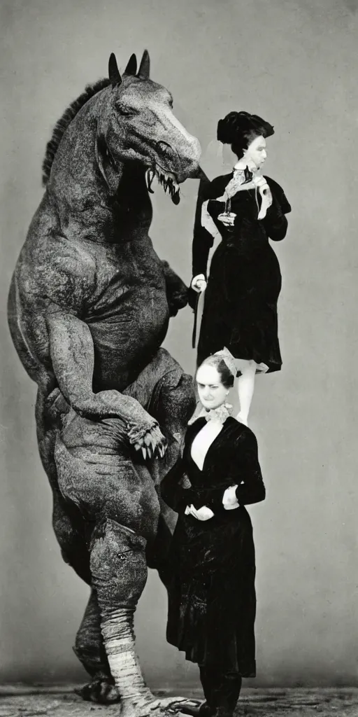 Image similar to t rex and a horse wearing high heels, strange, black and white, photograph, 1850s