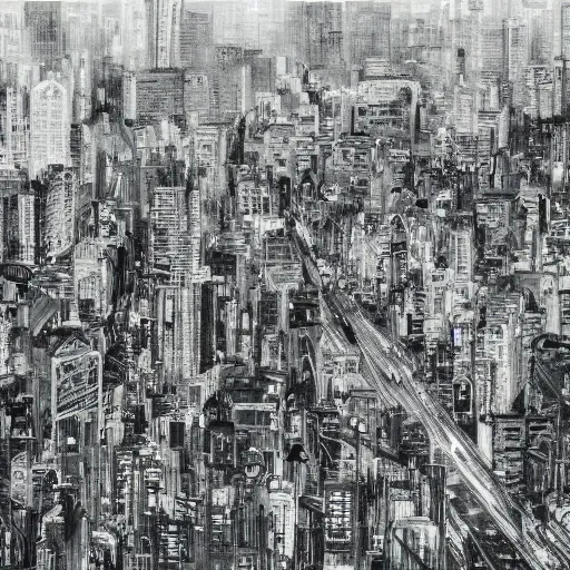 Image similar to tokyo city taken from drone by ashley wood and j. m. w. turner, speed painting, photo bash, cinematic angle, super detailing, monochrome