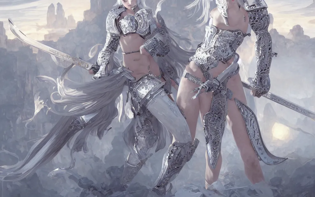 Image similar to white hair knights of zodiac girl, sliver ice color reflected armor, kung fu fighting and kickboxing in ruined agora of athens sunrise, ssci - fi and fantasy, intricate and very very beautiful and elegant, highly detailed, digital painting, artstation, concept art, smooth and sharp focus, illustration, art by tian zi and wlop and alphonse mucha