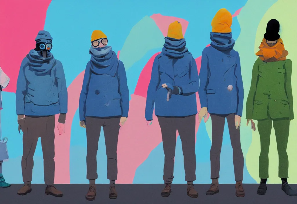 Image similar to full body portrait of a trio of european tourists cold climate travel apparel, with nikon cameras, various poses shooting photos, character designs painting, in the style of wes anderson, rene magritte, lola dupre, david hockney, isolated on white background, dark monochrome neon spraypaint accents volumetric octane render