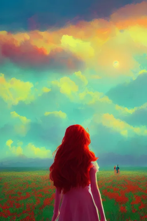 Image similar to red haired girl walking in a flower field, surreal photography, sunrise, dramatic light, impressionist painting, colorful clouds, digital painting, artstation, simon stalenhag