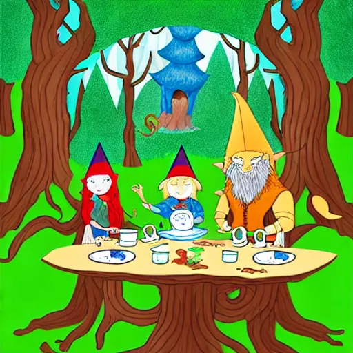 Image similar to children's book illustration of a manticore at a tea party with a gnome wizard and and ogre knight of the realm. Setting is a forest. Table is a tree stump with a kettle on top