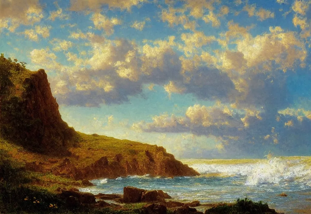 Prompt: a rugged seascape painting of a remote beach, perfect spring day with beautiful white clouds, colorful wildflowers, painting by albert bierstadt, early morning light