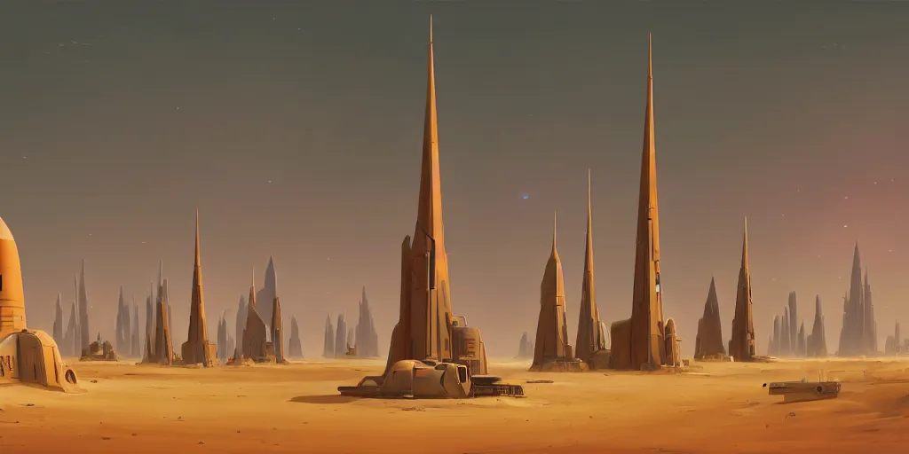 Prompt: one single tall spire military base surrounded by short city buildings and huts, rule of thirds, sand dunes, desert planet, war, star wars, warhammer 4 0 k, retro futurism, art deco, ralph mcquarrie, simon stalenhag