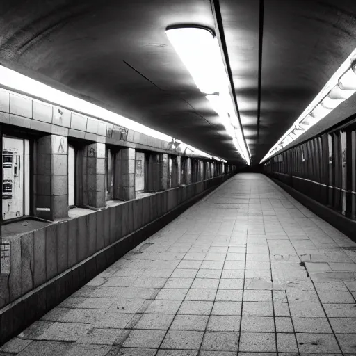 Image similar to flash photograph of an empty underground subway with shadow cryptid standing far away, liminal space