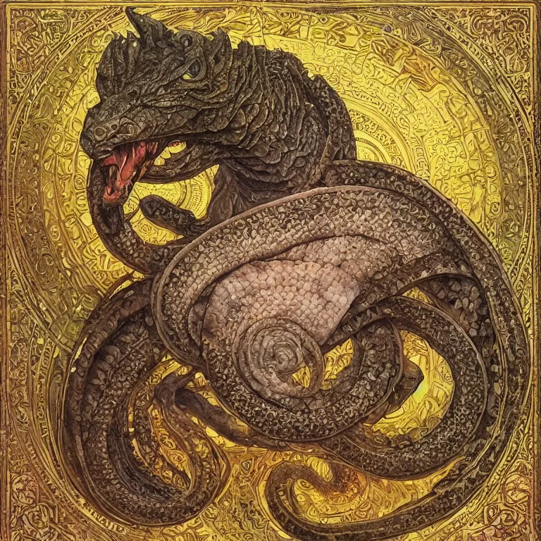 Image similar to portrait of basilisk made with snake skin by Jeff Easley and Peter Elson + beautiful eyes, beautiful face + symmetry face + border and embellishments inspiried by alphonse mucha, fractals in the background, galaxy + baroque, gothic, surreal + highly detailed, intricate complexity, epic composition, magical atmosphere + masterpiece, award winning + trending on artstation