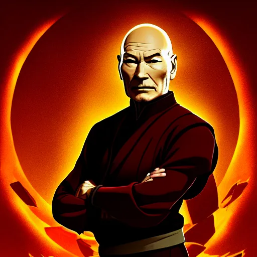 Image similar to a portrait of Patrick Stewart as airbending master Tenzin by Zack Snyder, Christopher Nolan, Steven Spielberg, Avatar the Last Airbender, Legend of Korra, 8k photorealistic, cinematic lighting, HD, high details, dramatic, trending on artstation, view from below, dark atmosphere