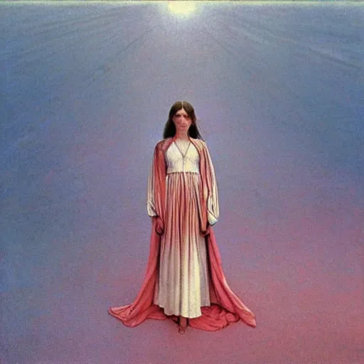 Image similar to a woman with a white dress in a white city, clear blue sky, pink floyd album cover, 1 9 7 0's, by beksinski, bruegel, greg rutkowski, alphonse mucha, and yoshitaka amano, colorful flat surreal design, hd, 8 k, artstation