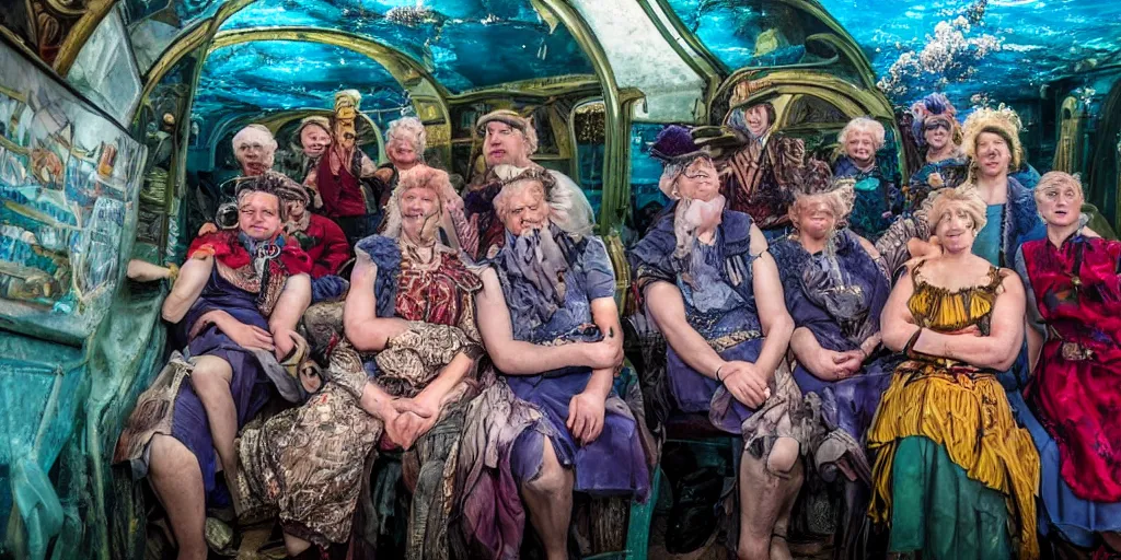 Image similar to detailed colour photograph group portrait of amazingly characterful people sat down extreme closeup, in the inside of the beautiful underwater train to atlantis, realistic and lifelike expressions, crowds of people sat down wearing odd clothes