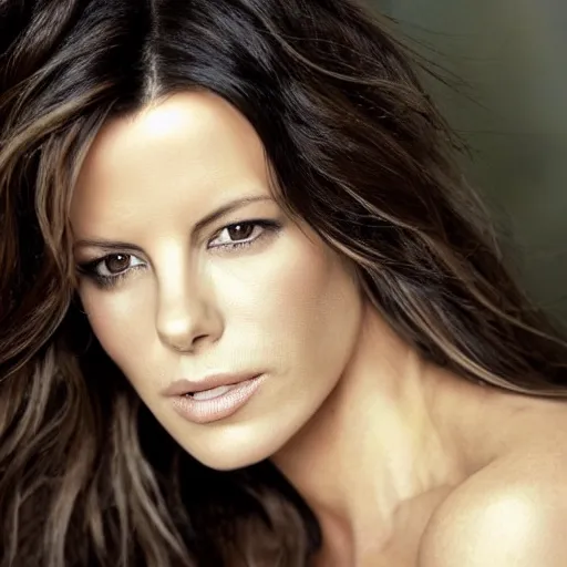 Prompt: a still of kate beckinsale a beautiful looking off into the distance, wavy long - length black hair, beautiful eyes, medium shot, with a soft, natural light falling on her face. the focus is on her eyes and brows, which are perfectly shaped and well - defined. by annie leibowitz