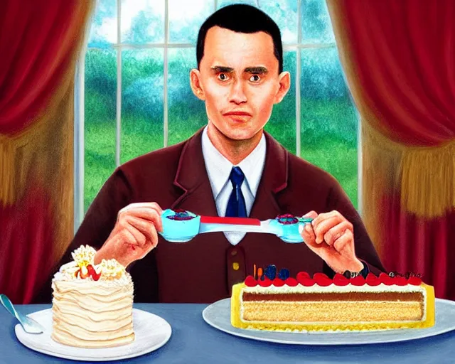 Image similar to Forrest gump eating a cake in hogwarts, digital art, highly detailed, in the style of David Villegas