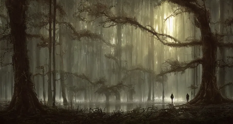 Prompt: A dense and dark enchanted forest with a swamp, by Greg Rutkowski