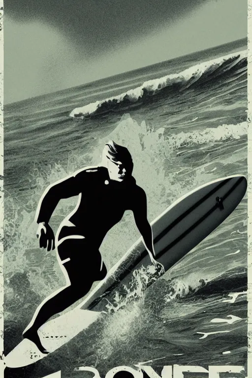 Prompt: poster art, movie poster, noir, textured, paper texture, point break by edward valigursky, saul bass and paul rand, surfing, ocean, waves