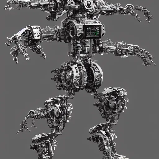 Prompt: annotated diagram of cybernetic warrior, intricate and detailed assembly diagram of a cybernetic battle bot 🤖🦾, photographic render, exceptional detail, symmetrical details, fantasy concept art, hyper realistic, 8 k resolution, artstation -