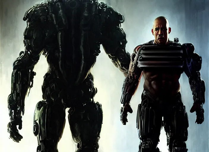 Image similar to vin diesel as victor stone, full body concept, cyborg, borg, strogg, face of a man, terminator, flesh, quake strogg, doom demon, wolfenstein, monstrous, powerful, symmetry, symmetrical, concept art by ruan jia and greg rutkowski