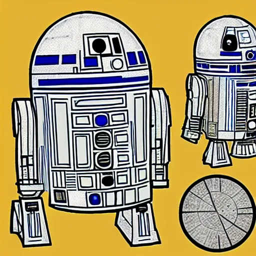 Image similar to technical blueprint of r2d2, pencil style