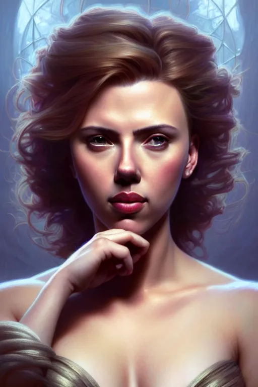 Image similar to portrait of scarlett johansson, long hair, fantasy, elegant, intricate, full frontal shot, highly detailed, digital painting, artstation, concept art, sharp focus, illustration, art by artgerm and greg rutkowski and alphonse mucha