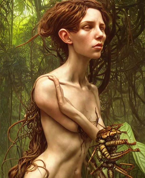 Image similar to intricate earth - toned portrait of a disturbing terrifying alien insect creature, mottling coloring, adorable, childlike, overgrown jungle environment, ultra realistic, concept art, art nouveau, photorealistic, octane render, 8 k, unreal engine. art by christopher marley and artgerm and greg rutkowski and alphonse mucha