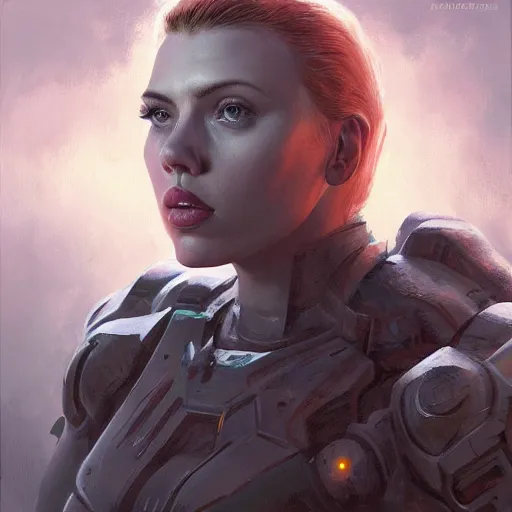 Image similar to doomguy played by scarlett johansson, face portrait, hd shot, digital portrait, elegant, beautiful, fantasy art, artstation, comic style, by artgerm, guy denning, jakub rozalski, magali villeneuve and charlie bowater