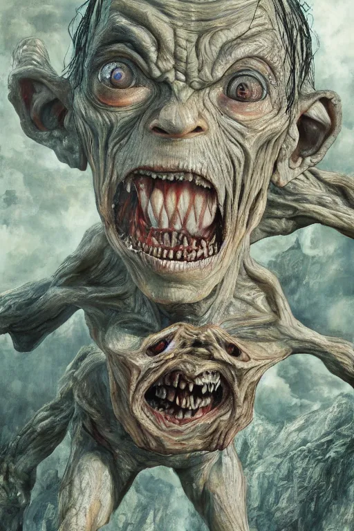 Prompt: gollum as a titan, attack on titan, oil on canvas, intricate, 8 k highly professionally detailed, hdr, cgsociety