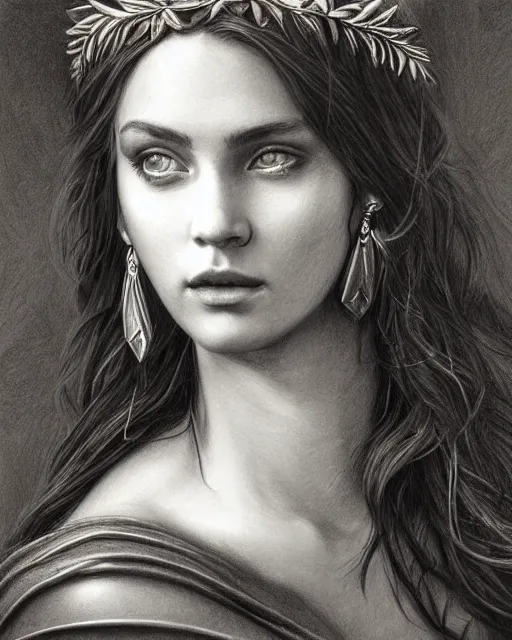 Prompt: pencil drawing of a beautiful greek goddess aphrodite wearing a laurel wreath and arrowhead earrings, beautiful confident eyes, beautiful flowing hair, hyper realistic face, in the style of greg rutkowski, fantasy, amazing detail, epic, elegant, smooth, sharp focus, from the front, long shot