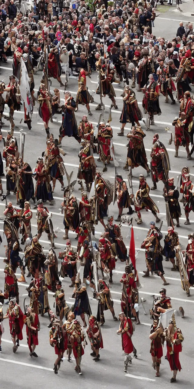 Prompt: roman celebration parade with legion marching at noon, realistic, unreal engine