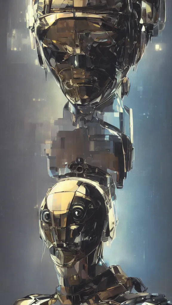 Image similar to a portrait of cyber - dog of sci fi metallic human by yoji shinkawa bright eyes, melancholic complex geometric figure liminal machinery by oskar schlemmer, moebius, john berkey, film grain, oil on canvas, portrait facial head, featured on artstation, hd wallpaper, 8 k