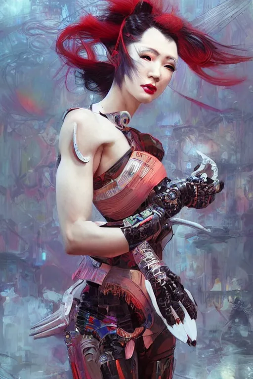 Image similar to > professional dynamtic portrait of female an agile geisha cyberpunk in a dynamic pose , armor elements , long red hair, beautiful bone structure, symmetrical facial features, intricate, elegant, digital painting, concept art, smooth, sharp focus, illustration, by Ruan Jia and Mandy Jurgens , and mucha, and Artgerm and William-Adolphe Bouguerea