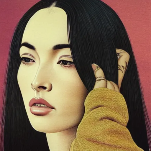 Image similar to “ megan fox portrait by ikenaga yasunari and ayana otake and ko rakusui, 6 0 s poster, drawing, realistic, sharp focus, japanese, dreamy, nostalgia, faded, golden hues, floral clothes, porcelain skin ”