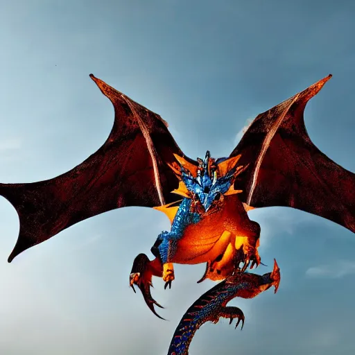 Image similar to professional photo of a blue dragon with a white belly and orange eyes flying over some ancient ruins